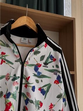 adidas White Floral Track Jacket with Black Stripes
